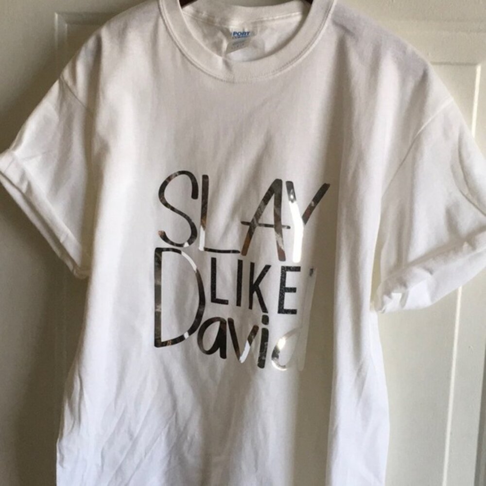 White Graphic T-Shirt with Metallic Text L 104